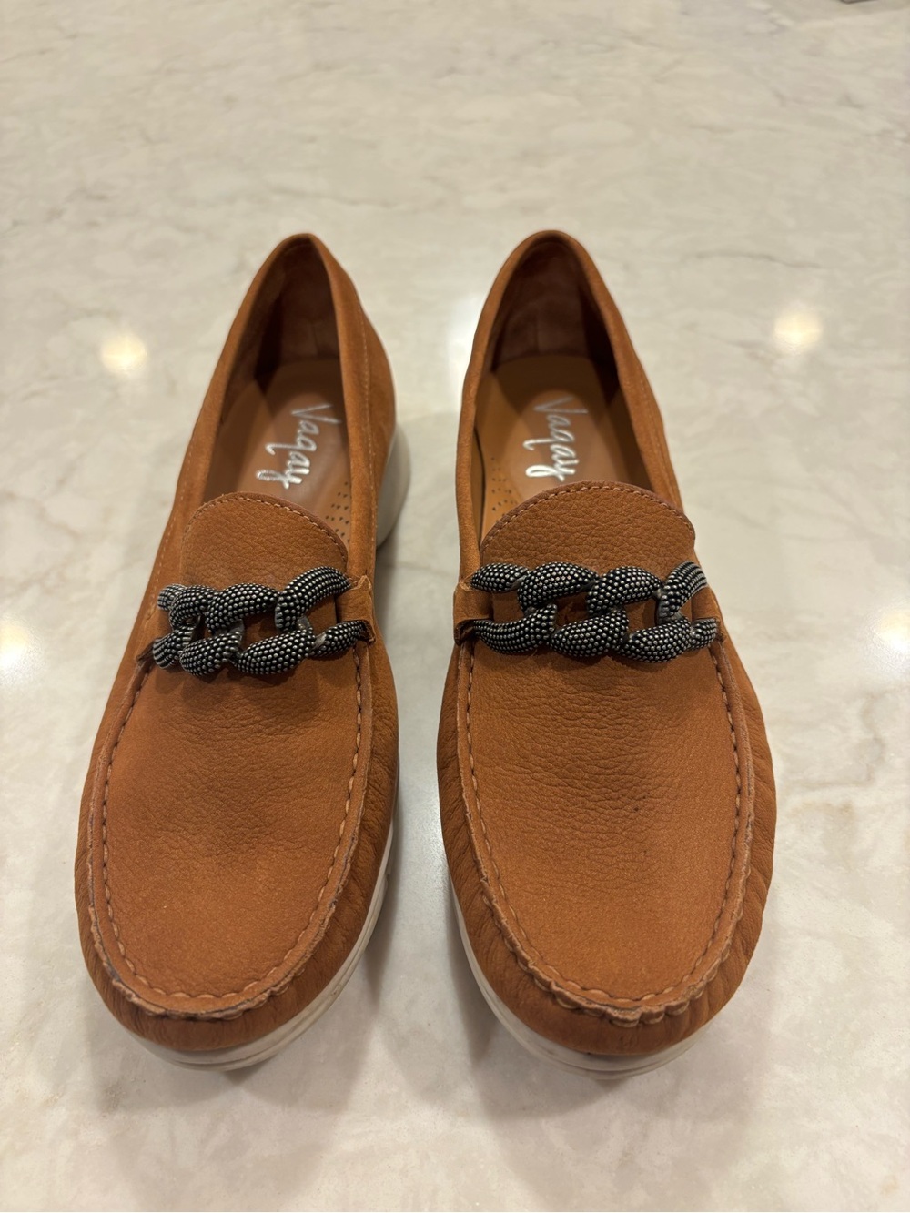 Vacay Comfort Women's Cognac Slip-On Loafers with Chain Detail